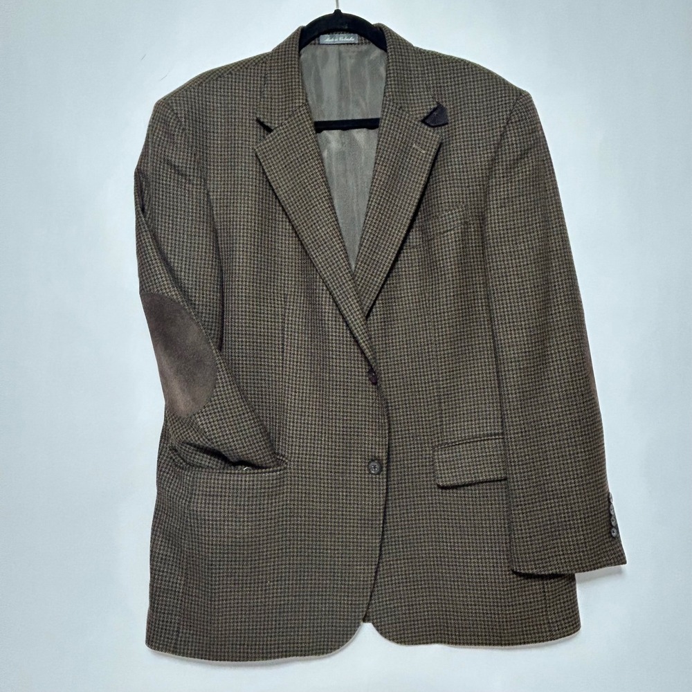 Oscar de la Renta Lambswool Houndstooth Tweed Blazer Suede Elbow Patches Men 44R
